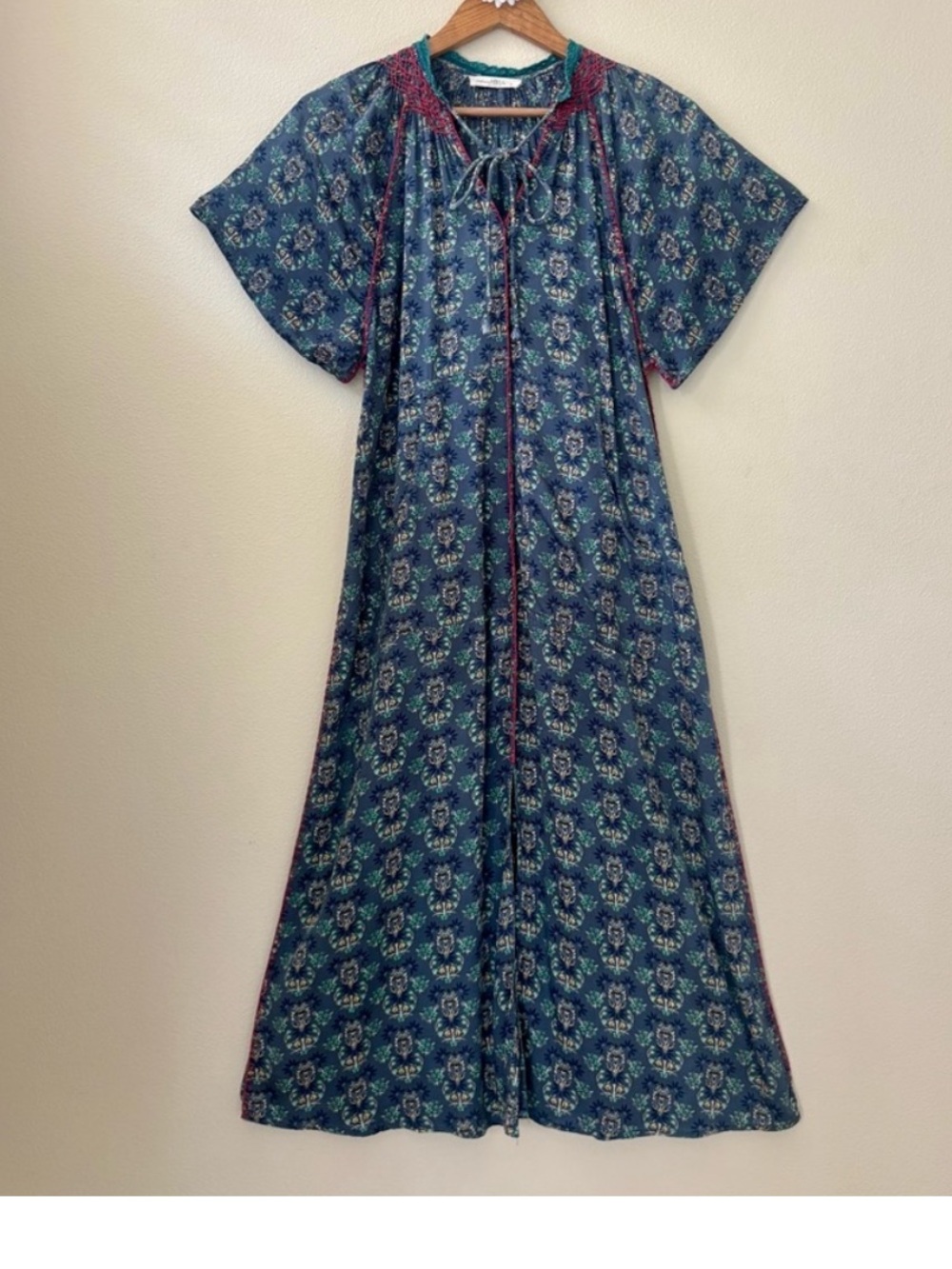NATURAL LIFE Teal Maxi Dress with Deep Red Embroidery Trim Size Large XL